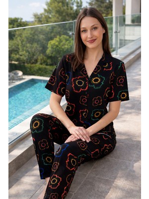 Remsa Kadın Desenli Kısa Kol Likralı Viskon Pijama Takımı 0134 SIYAH02