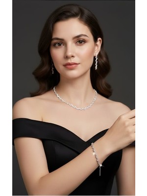 Klc Takı Kadın Gümüş Renk Model Su Yolu Zirkon Taşlı Kolye Küpe Bileklik Seti