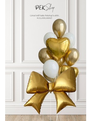Pekshop Gold Fiyonk Folyo Balonlu Beyaz Gold Tema Balon Seti SET239