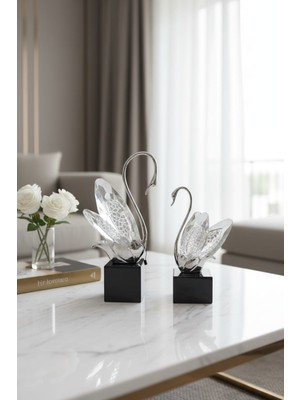 Furkan Dekoratif Ayaklı Kristal Cam 2li Kuğu Seti Gümüş