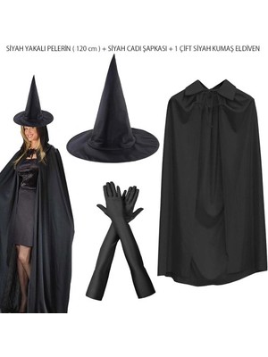 Herşeytrend 120 cm Siyah Yakalı Cadı Pelerini Cadı Şapkası ve 1 Çift Siyah Kumaş Eldiven Seti 3 Parça