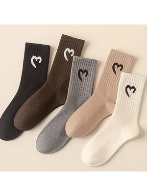 Hobins Sportswear & Company 5 Çift Kolej Çorap Kalp Deseniyle Şık Renkler & Hava Alan Esnek Doku