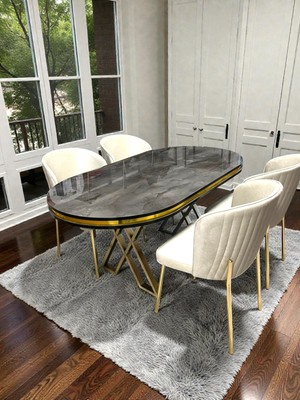 Msy Home Berya Ironi Oval Masa Gold Ayak Yönsüz Kumaş Modern ve Şık Yemek Odası Takımı