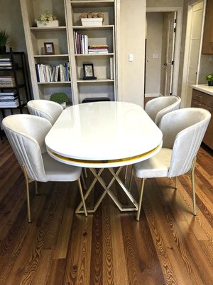 Msy Home Berya Beyaz Oval Masa Gold Ayak Yönsüz Kumaş Modern ve Şık Yemek Odası Takımı