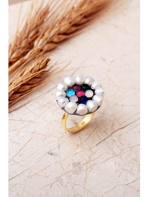 Sümer Telkari Renkli Kuvars Taşlı Incili Altın Yaldızlı 925 Ayar Gümüş Ayarlanabilir Yüzük 6010