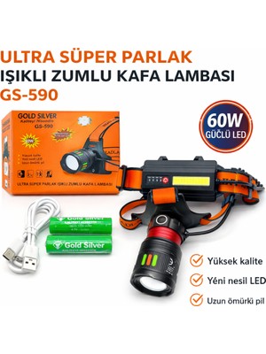 farissu Gold Silver GS-590 60W 6000 Lümen Ultra Güçlü Zumlu Şarjlı Kafa Lambası