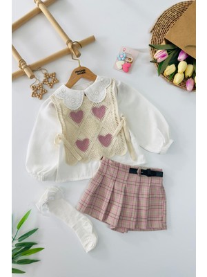 Miniğimin Cicileri Kalp Örgü Desenli Ekose Şort Etekli Kız Çocuk 4 Lü Takım - Gül Kurusu