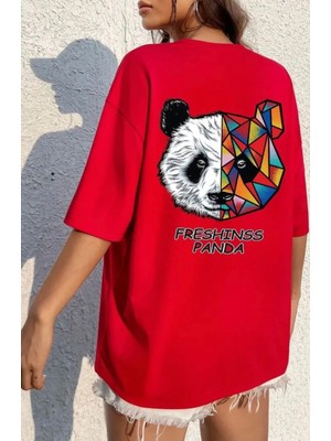 Amor Face Büyük Beden Özel Tasarım Mozaik Panda Sırt Baskılı %100 Pamuk Salaş Kadın Battal T-Shırt