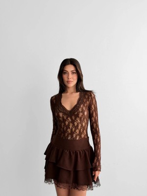 Cemo Kadın Uzun Kollu Dantel V Yaka Bluz