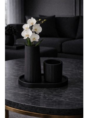 Nox Atelier Ikili Modern Silindir Ribbed Dekoratif Vazo - Mini Vazo - Tabak