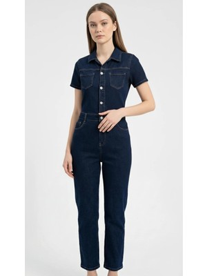 Cemo Kadın Denim Gömlek Yaka Kısa Kollu Düğmeli Tulum