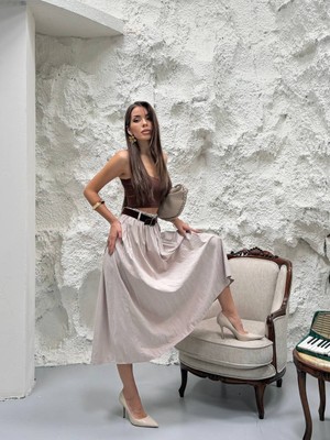 Cemo Kadın Kemerli Pile Detaylı Midi Etek