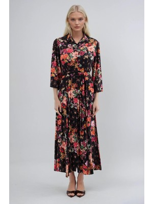 Lijuri Kuşaklı ve Çiçek Desenli Uzun Elbise 2034