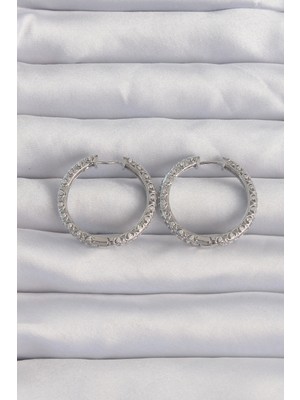 SHC4200 Mey Ithalat® Pirinç Gümüş Renk Zirkon Taşlı Motifli Halka Küpe