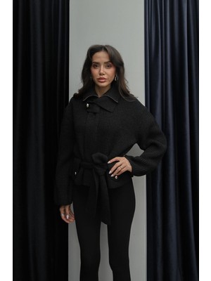 Havoş Antrasit Fermuarlı Kemerli Yün Karışımlı Hırka