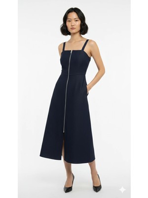 Cemo Askılı Kare Yaka Fermuarlı Midi Elbise