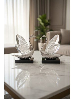 Furkan Dekoratif Kristal Cam 2li Kuğu Seti Gümüş