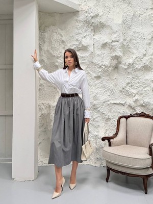 Cemo Kadın Kemerli Pile Detaylı Midi Etek