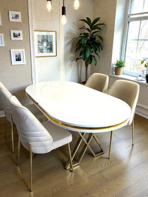 Msy Home  Monaco Stil Gold Çizgili Yönsüz Kumaş Beyaz Oval Masa Modern Yemek Odası Seti