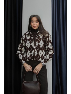 Havoş Kahverengi Önü Fermuarlı Baklava Desenli Hırka