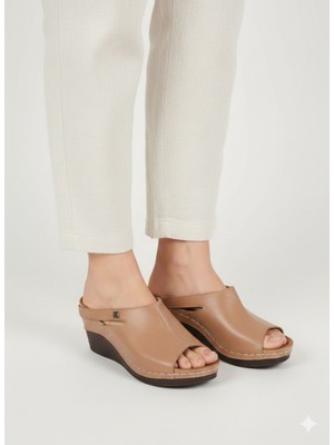 Ender Iç Dış Hakiki Deri Dolgu Taban Latte Rengi Kadın Terlik