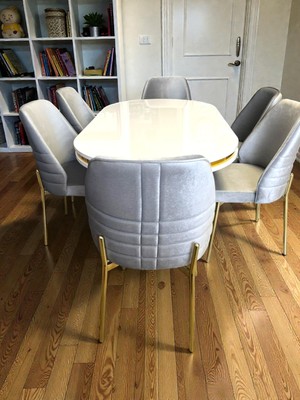 Msy Home  Monaco Stil Gold Çizgili Yönsüz Kumaş Beyaz Oval Masa Modern Yemek Odası Seti