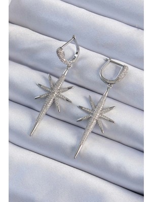 SHC4200 Mey Ithalat® Pirinç Gümüş Renk Zirkon Taş Kaplama Kutup Yıldızı Tasarımlı Kadın Küpe