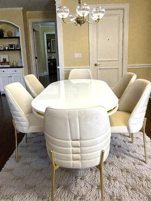 Msy Home  Monaco Stil Gold Çizgili Yönsüz Kumaş Beyaz Oval Masa Modern Yemek Odası Seti