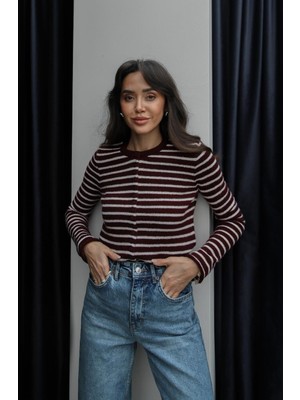 Havoş Bordo Krem Ince Şeritli Hırka