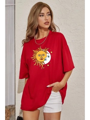 Amor Face Büyük Beden Özel Tasarım Güneş-Ay Baskılı %100 Pamuk Yeni Trend Battal Kadın T-Shırt