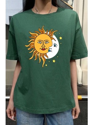 Amor Face Büyük Beden Özel Tasarım Güneş-Ay Baskılı %100 Pamuk Yeni Trend Battal Kadın T-Shırt