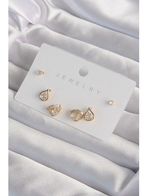 SHC4200 Mey Ithalat® Pirinç Gold Renk Zirkon Taşlı Damla Model Küpe Seti