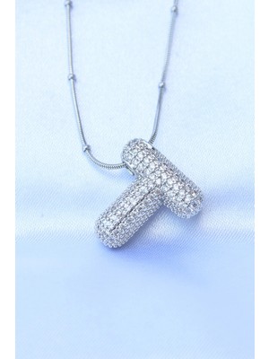 SHC4200 Mey Ithalat® 316L Çelik Zincirli Zirkon Taşlı T Harfli Gümüş Renk Bubble Kolye