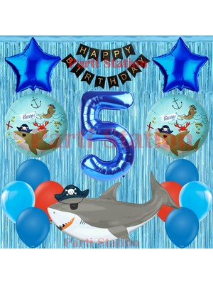 Parti Station Korsan Köpekbalığı Temalı 5 Yaş Doğum Günü Balon Seti & Happy Birthday Banner & Perdeli Set