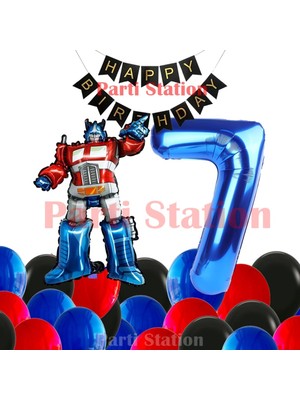 Parti Station Transformers Optimus Prime 7 Yaş Doğum Günü Balon Seti Folyo Rakam Balon, Happy Birthday Banner
