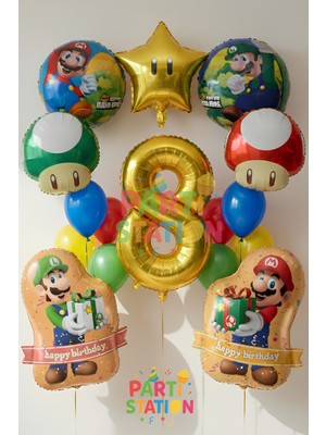 Parti Station Mario Temalı 8 Yaş 16 Parça Doğum Günü Balon Seti