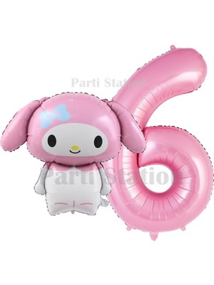 Parti Station Sanrio My Melodi Konsept Folyo Balon ve 6 Yaş Pembe Folyo Rakam Balon Seti