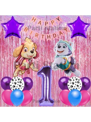 Parti Station Paw Patrol Skye ve Everst Konsept 1 Yaş Doğum Günü Pembe Püskül Parti Balon Seti