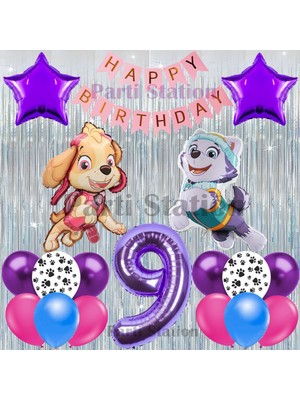 Parti Station Paw Patrol Skye ve Everst Konsept 9 Yaş Doğum Günü Gümüş Püskül Parti Balon Seti