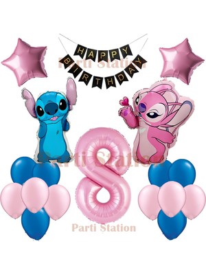 Parti Station Lilo Stitch Balon ve Angel 8 Yaş Doğum Günü Parti Balon Seti Pembe Rakam ve Happy Birthday