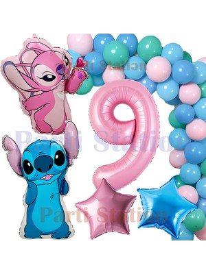 Parti Station Lilo Stitch Balon ve Angel 9 Yaş Doğum Günü Parti Seti Pembe Rakam ve Zincir Balon Seti