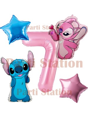 Parti Station Lilo Stitch ve Angel 7 Yaş Pembe Rakam ve Yıldız Folyo Balon Doğum Günü Parti Seti