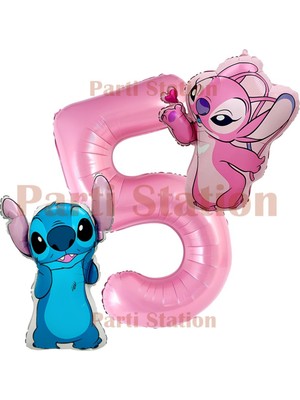 Parti Station Lilo Stitch ve Angel 5 Yaş Pembe Rakam Balon Doğum Günü Parti Seti