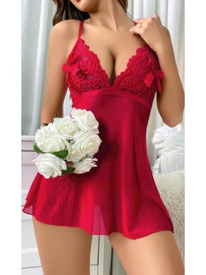 Kiss Me Kadın Kırmızı Tül Dantel Detaylı Göğüs Dekolteli Fantezi Gecelik