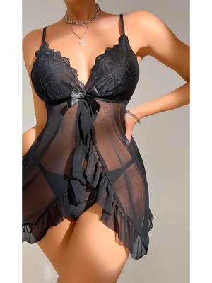 Kiss Me Kadın Siyah Fantezi Gecelik Tül Dantel Detaylı Fantezi Gecelik 2117