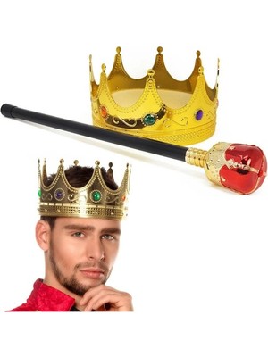 Herşeytrend Altın Renk 60 cm Kral Tacı Kraliyet Tacı ve Kırmızı Topuzlu Kral Asası Seti