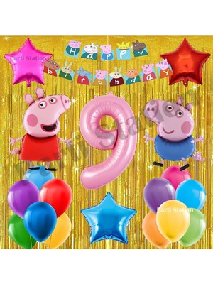 Parti Station Peppa Pig Konsept 9 Yaş Doğum Günü Balon Set Pembe Domuz Peppa Pig ve George Tema Gold Doğum Günü
