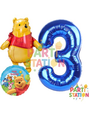 Parti Station Winnie The Pooh Temalı 3 Yaş Koyu Mavi Folyo Rakam Balon Seti 3 Parça Doğum Günü Süsleri