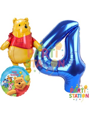 Parti Station Winnie The Pooh Temalı 4 Yaş Koyu Mavi Folyo Rakam Balon Seti 3 Parça Doğum Günü Süsleri