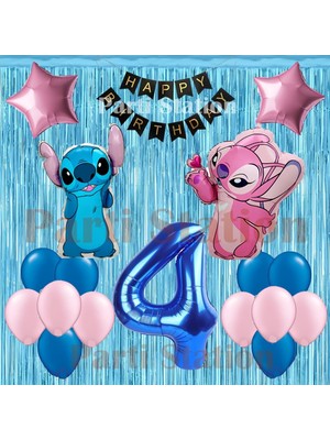 Parti Station Lilo Stitch Balon ve Angel 4 Yaş Doğum Günü Parti Seti Lacivert Rakam ve Dekor Perdeli Balon Seti
